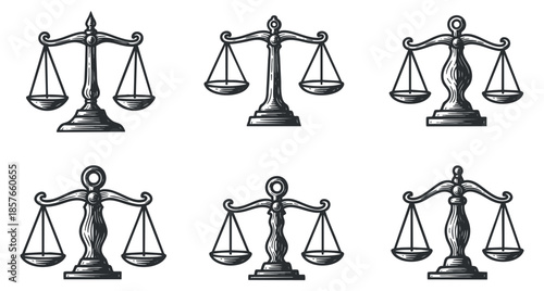 A collection of six vintage-style scales of justice illustrations in black and white outline vector style, suitable for legal and law-themed projects