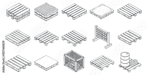 A collection of various pallets, crates, and storage containers in minimal outline vector style, suitable for logistics and industrial design