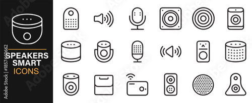 Smart speaker and home audio line icon set
