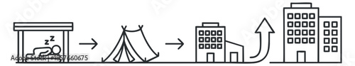 Homelessness support and housing transition icons in black and white line style, vector illustration isolated on transparent background