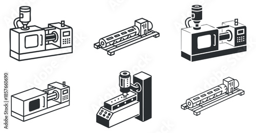 A collection of industrial machinery and equipment icons in black and white outline vector style, ideal for engineering and manufacturing design projects