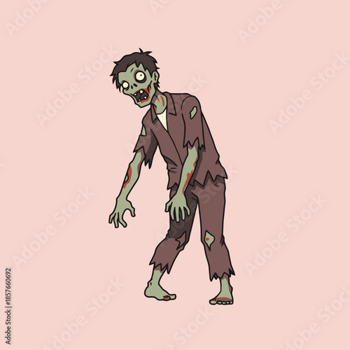 A cartoon illustration of a green-skinned zombie with tattered clothes, walking slowly on a light pink background.