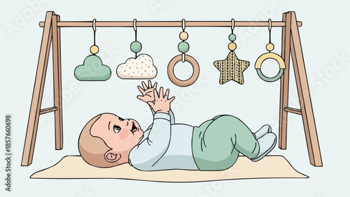 Baby playing with a wooden activity gym with hanging toys.