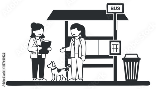 Two women standing at a bus stop with a dog in black and white minimalist vector style, suitable for urban lifestyle projects