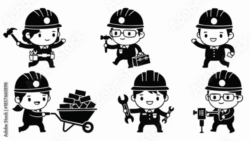 Cartoon Construction Workers in Hard Hats with Tools.