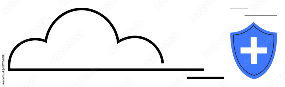 Obraz premium Cloud security, data protection, healthcare systems, online storage, secure networks, technology security. Minimalist cloud illustration with shield symbol and cross. Cloud security and data