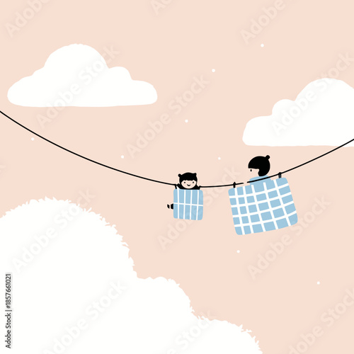A whimsical illustration of two small figures hanging from a clothesline in a pink sky with clouds.