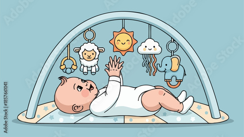 Infant playing with hanging toys on a baby gym.