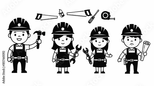 Cartoon Construction Workers with Tools - A Diverse Team Ready to Build.