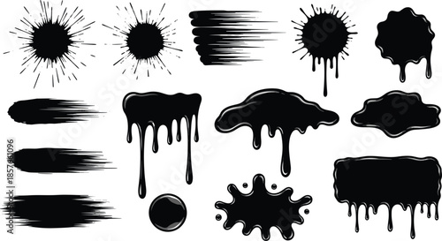 Ink Splash and Paint Drip Silhouette Collection with Grunge Blots Brush Strokes and Liquid Splatter Black Vector Set