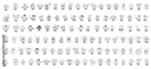 Big Set of Funny and Cute Cartoon Cactus Characters in Pots, Vector Doodle Collection