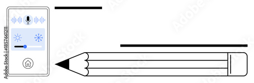 Smart home automation, user interface design, creative thinking, home control, technology icons, education. Smart control panel with microphone icon, brightness slider and pencil. Smart home