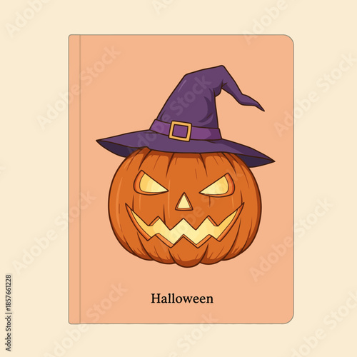 A vibrant illustration of a Halloween notebook cover featuring a grinning jack-o'-lantern wearing a purple witch's hat on a light orange background.