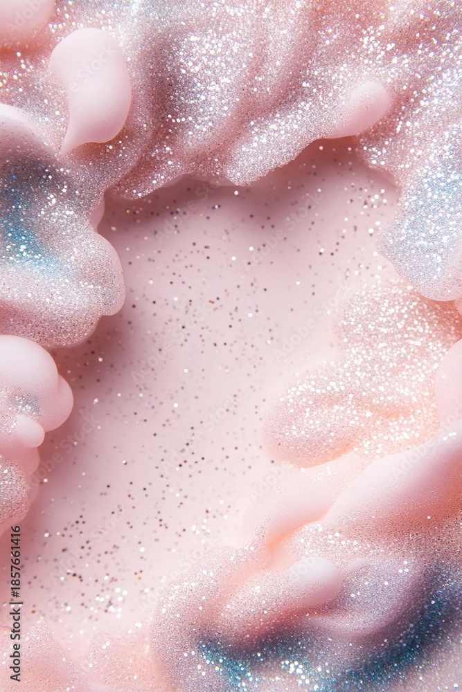 Obraz premium A soft, pearlescent backdrop is surrounded by shimmering glitter in pastel pink, blue, and silver hues. This dreamy space exudes an airy feel ideal for elegant designs