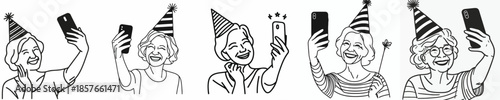 vector of a grandmother taking a selfie at a New Year's party