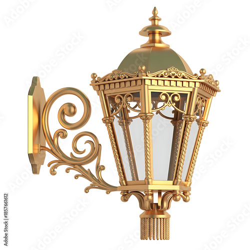 An ornate golden wall lantern with a glass enclosure and decorative flourishes is showcased against a black background