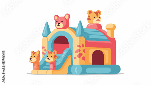Inflatable bounce house. Colorful bouncy castle. Vector illustration of kids' play equipment. Bounce house vector. Inflatable play structure. Children's party entertainment. Cartoon bouncy castle.