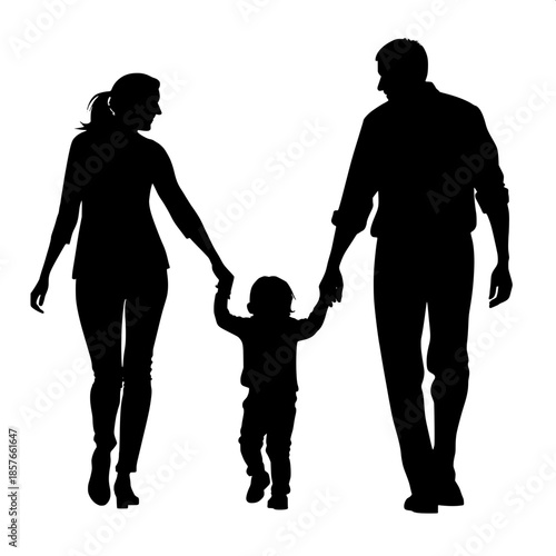 “Simple vector-style illustration of a family walking left to right, solid black silhouettes on a white background, parents holding a child’s hands, peaceful and symbolic composition.”