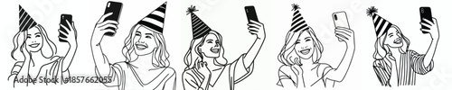 vector of a woman taking a selfie at a New Year's party