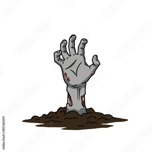 A cartoon illustration of a grey zombie hand with blood emerging from dark brown soil, reaching upwards.
