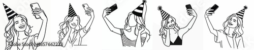 vector of a woman taking a selfie at a New Year's party