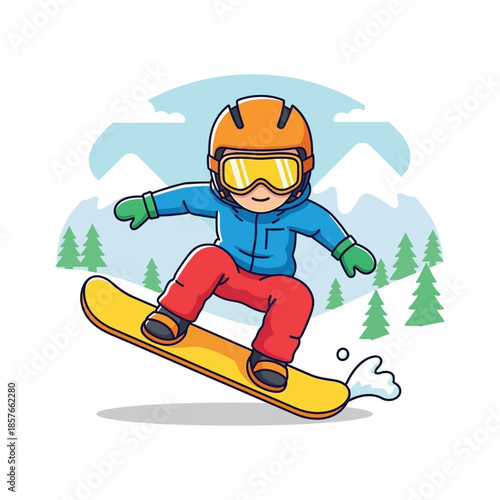 A cheerful, cute vector illustration shows a young snowboarder jumping high on a yellow board against a snowy mountain backdrop.