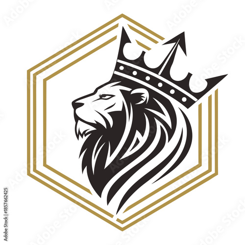 Majestic crowned lion head logo within a regal golden hexagon, symbolizing strength and leadership