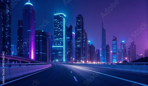 Vibrant nocturnal panorama of a modern metropolis, where towering skyscrapers glow with electric blue and purple hues, reflecting a future city's energy