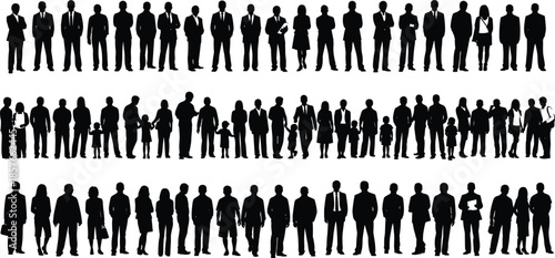People Silhouette Collection Featuring Business Professionals Families and Groups Standing in Various Poses Black Vector Set