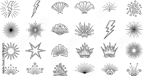 Retro Comic Burst and Lightning Symbol Collection with Starburst Explosion and Decorative Energy Elements Line Vector Set