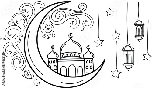 Ramadan Mosque with Crescent Moon  Islamic Religious Line Art Illustration