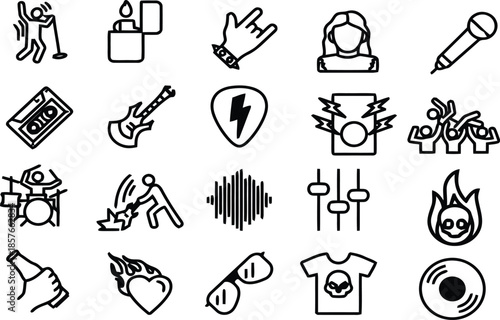 Collection of black and white related to rock music culture including instruments performers and symbols Keywords