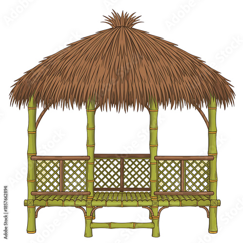 A charming illustration of a traditional bamboo gazebo with a thatched roof perfect for outdoor relaxation
