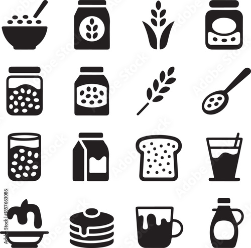 A diverse collection of black and white icons representing essential food and beverage items for a balanced diet
