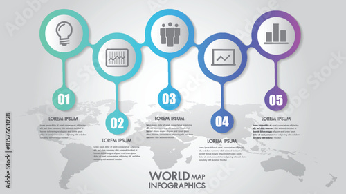 Infographic template with five steps on a world map background