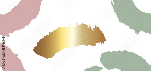 Abstract painting with gold pink and green brushstrokes on white background