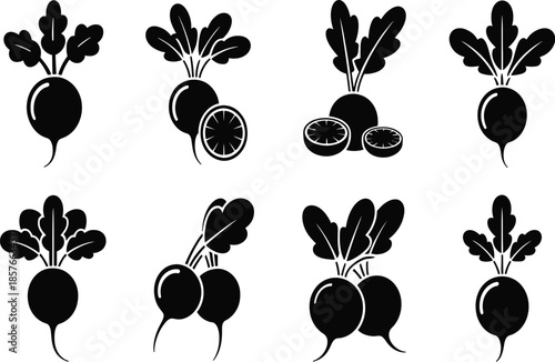 Black and white icons of radishes and beetroots vegetable