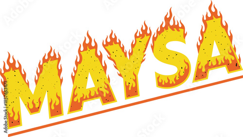  Fiery blazing text illustration with yellow burning flames, bold custom lettering style spelling MAYSA, creative hot flame typography design for dynamic vector artwork