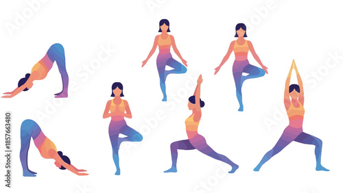 Illustrative Set of Women Engaged in Different Yoga Asanas Promoting Physical and Mental Well-being and Balance