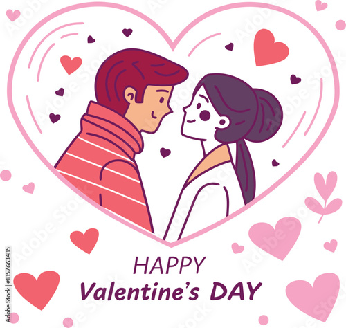 Flat vector valentine illustration romantic coup, happy couple with heart.