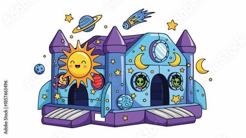 Inflatable bounce house. Vector illustration of kids' bouncy castle. Space themed playhouse. Purple and blue colors. Cartoon sun, planets, stars, and moon. White background. Bounce house vector.