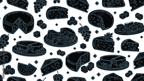  Seamless cheese pattern with assorted cheese blocks, slices and grapes, vintage line art style food background for dairy packaging, restaurant branding illustration