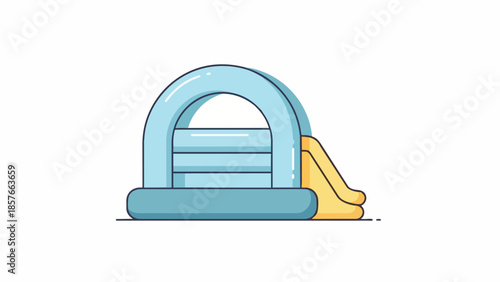 Inflatable bounce house. Bounce house vector. Playhouse. Kids inflatable slide. Blue and yellow inflatable. Vector illustration. Bouncy castle. Children's party equipment. White background.