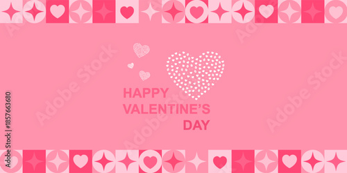 Pink background with abstract geometric pattern and sparkling heart shape for Happy Valentines Day greeting card design.