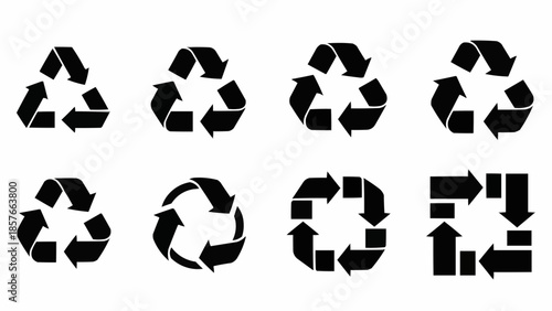 Collection of Black Recycling Symbols on White Background.