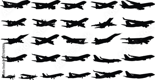 Airplane silhouette set with multiple aircraft types in takeoff, landing, and flight positions isolated on white