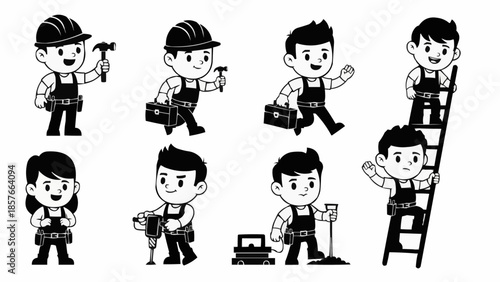 Cartoon construction workers in various poses with tools and equipment.