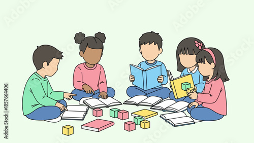 Children Reading and Playing with Blocks Together.