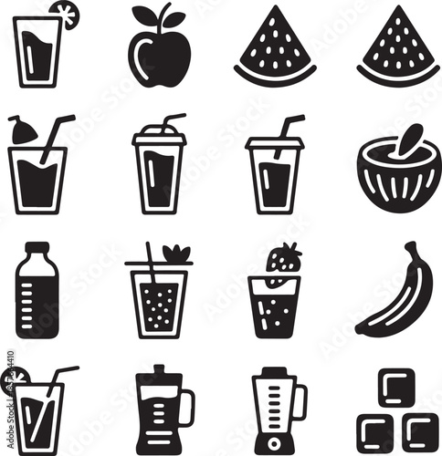 Vector icons of various fruit smoothies and blenders in black isolated on transparent background