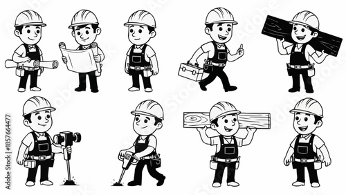Construction Worker Character Set with Tools and Materials.